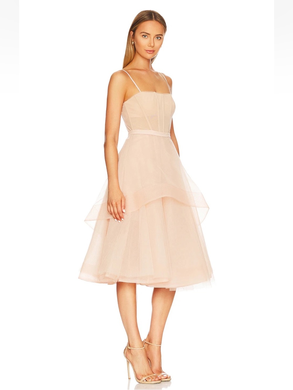 BCBGMAXAZRIA Midi Evening Dress Tulle Fit Flare A-Line Corset Nude Blush Pink 0